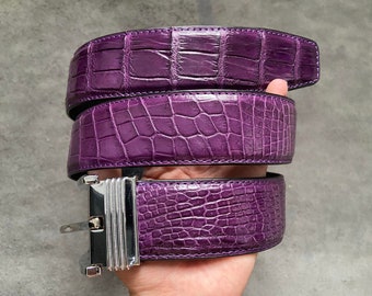 Cinturón de hombre de piel de vientre genuino de cocodrilo morado W 1.5 pulgadas, regalo para él, regalo del día del padre