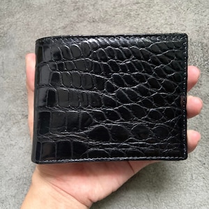 Cartera de piel de cocodrilo de doble cara con diseño de panza negra/cartera personalizada/regalo de aniversario para él/cartera para hombre/cartera personalizada/regalo para papá