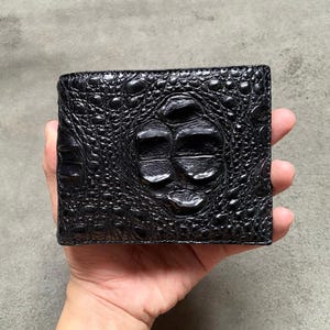 Portefeuille à deux volets pour homme en cuir d'alligator noir double face avec pochette pour carte d'identité / Portefeuille personnalisé pour homme / Cadeau d'anniversaire pour lui / Portefeuille pour homme