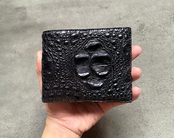 Cartera plegable de cuero de cocodrilo negro de doble cara para hombre con funda de identificación / cartera personalizada para hombres / regalo de aniversario para él / cartera para hombre