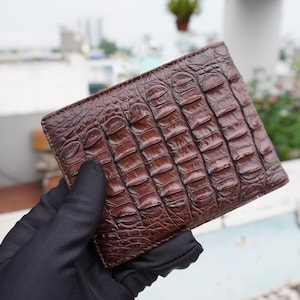 Cartera plegable de piel de aligátor marrón de doble cara/cartera personalizada para hombre/regalo de aniversario para él/cartera para hombre/cartera personalizada