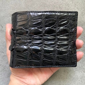 Cartera de hombre de piel de cocodrilo negro con cola trasera genuina, cartera de cuero hecha a mano para hombre