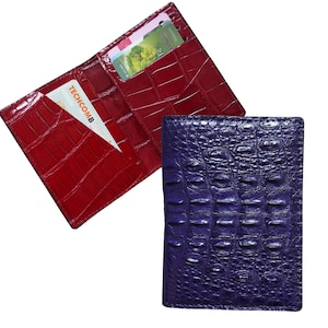 Porta carte di credito bifold in pelle di alligatore con retro in corno di alligatore blu bordeaux minimalista, portafoglio porta carte, portafoglio da uomo, portafoglio per carta d'identità