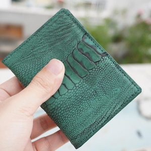 Mini-porte-cartes à deux volets en cuir de jambe d'autruche mince vert de luxe minimaliste pour homme, portefeuille porte-cartes, portefeuille pour homme