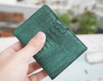 Green Luxury Minimalist Mini Slim Double Sides Ostrich Leg Leather Bifold Card Case Mens, Card Holder Wallet, Men Wallet