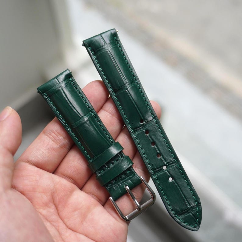 Handmade Green Genuine Alligator Belly Leather Men Luxury Quick Release Watch Strap/ Leather Watch Band/ Size 18mm 19mm 20mm 21mm 22mm image 3