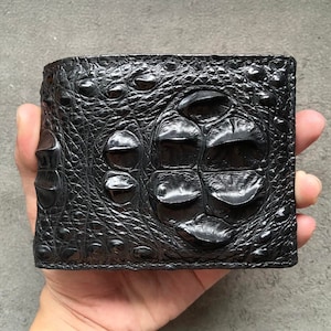 Cartera plegable de piel auténtica de asta de cocodrilo negra para hombre, cartera de piel exótica de primera calidad, regalo para él
