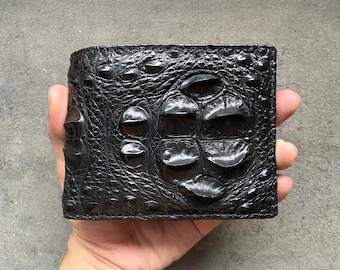 Black Alligator Horn Genuine Leather Men&#39;s Bifold Wallet, Premium Exotic Leather Wallet, Gift for him