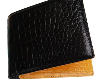 Double Sides Black-Yellow Alligator Belly Leather Wallet With ID Flap/ Personalized Wallet For Men/ Anniversary Gift For Him/Mens Wallet