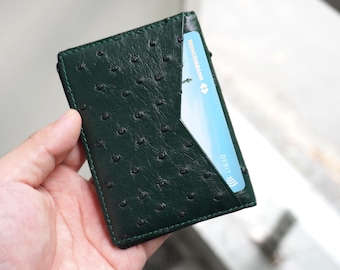 Double Sides Green Luxury Minimalist Slim Ostrich Leather Bifold Card Holder