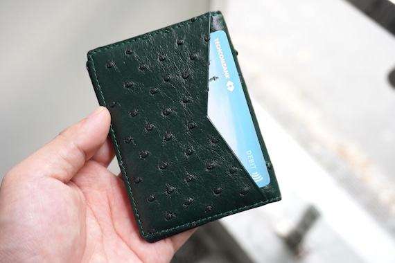 Double Sides Green Luxury Minimalist Slim Ostrich Leather Bifold Card Holder