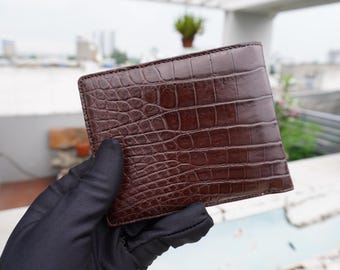 Cartera plegable de piel de cocodrilo marrón de doble cara/cartera personalizada para hombre/regalo de aniversario para él/cartera para hombre/cartera personalizada