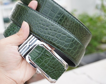 Grüner echter Alligator Bauchleder Haut Herrengürtel W 1,5 Zoll mit silberner automatischer Schnalle, Geschenke für ihn, Premium exotischer Ledergürtel