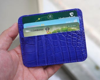 Porta carte di credito minimalista azzurro chiaro in pelle di alligatore con protezione RFID, sottile e doppio lato, fatto a mano in pelle esotica