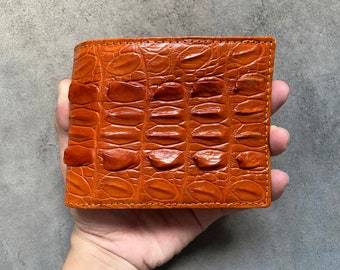 Orange Alligator Back Tail Genuine Leather Skin Men's Bifold Wallet, Personalized Wallet, Handmade Leather Wallet