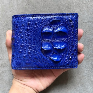 Cartera plegable de piel auténtica de asta de caimán azul claro para hombre, cartera de piel exótica de primera calidad, regalo para él