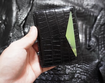 Black Luxury Minimalist Mini Slim Double Sides Alligator Belly Leather Bifold Card Case Mens/ Card Holder Wallet/ Men Wallet/ ID Card Wallet
