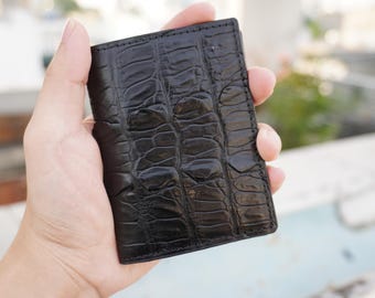 Black Luxury Minimalist Mini Slim Double Sides Alligator Tail Leather Bifold Card Case Mens, Card Holder Wallet, Men Wallet, ID Card Wallet