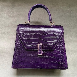 Bolsa feminina de couro legítimo de jacaré roxo com alça superior, bolsa de couro exótico premium, presente de Natal, presente para ela