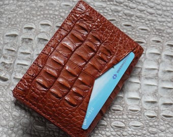 Cognac Luxury Minimalist Mini Slim Double Sides Alligator Horn Leather Bifold Card Case Mens/ Card Holder Wallet/ Men Wallet/ ID Card Wallet