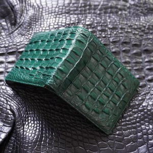 Portefeuille à deux volets en cuir de corne d'alligator vert double face / Portefeuille personnalisé pour homme / Cadeau d'anniversaire pour lui / Portefeuille pour homme / Portefeuille personnalisé