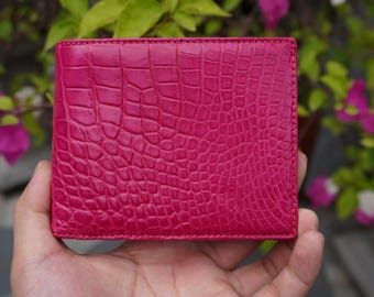 Double Sides Pink Alligator Belly Leather Wallet With ID Flap/ Personalized Wallet For Men/ Anniversary Gift For Him/Mens Wallet