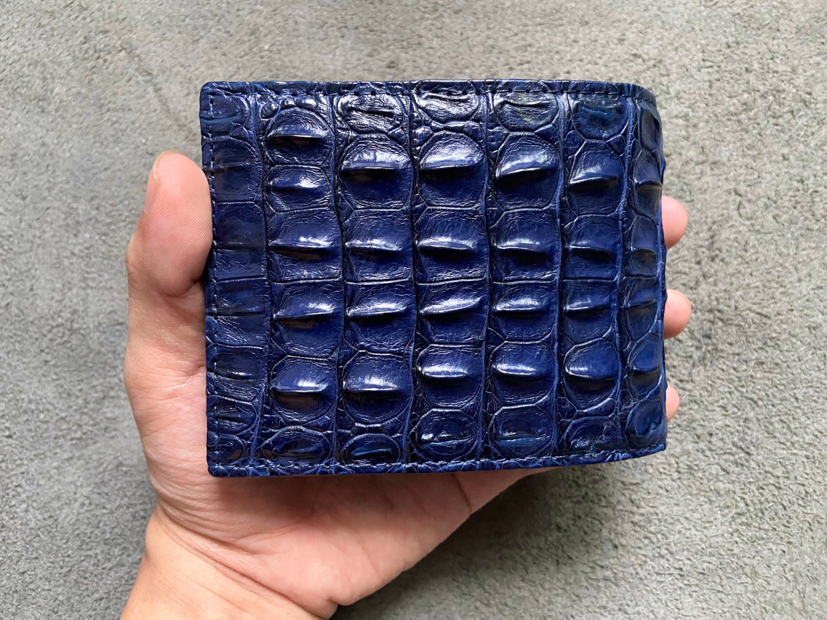 Navy Blue Alligator Horn Genuine Leather Men's Bifold Wallet