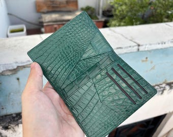 Green Luxury Minimalist Mini Slim Double Sides Alligator Belly Leather Bifold Card Case Mens, Card Holder Wallet, Men Wallet, ID Card Wallet