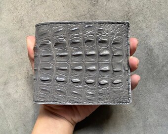 Cartera de hombre de piel de cuero genuino de cuerno de cocodrilo gris, cartera hecha a mano para hombres, regalos de Navidad