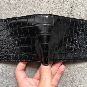 Cartera plegable de cuero genuino Black Alligator Belly para hombre, billetera de cuero exótico premium, regalo para él