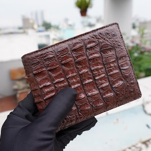 Cartera plegable de piel de asta de cocodrilo marrón para hombre/Cartera personalizada para hombre/Regalo de aniversario para él/Cartera para hombre/Premium