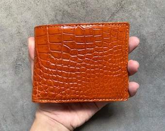 Orange Alligator Belly Genuine Leather Skin Men's Bifold Wallet, Personalized Wallet, Handmade Leather Wallet