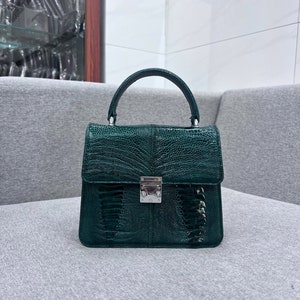 Bolso de mujer de piel de cuero genuino de avestruz verde, bolso exótico premium para mujer, regalo de San Valentín, regalo para ella