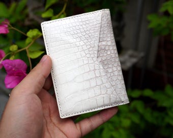 White Luxury Minimalist Mini Slim Double Sides Alligator Belly Leather Bifold Card Case Mens/ Card Holder Wallet/ Men Wallet/ ID Card Wallet