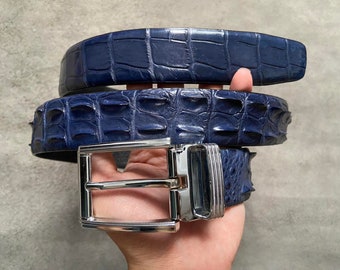 Ceinture pour homme en peau d'alligator bleu marine en cuir véritable W 1,3 pouces, cadeau pour lui, cadeau de fête des pères