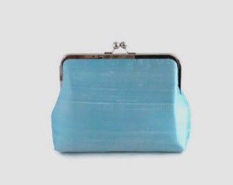 Silk dupion blue clutch bag,  handmade ice blue clutch , silk clutch bags in various colours with silver metal strap/ pearl / crystal handle