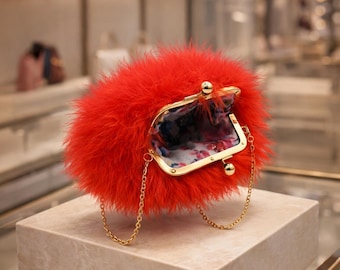 Marabou natural feather fluffy evening handbag , marabou swansdown high quality evening bag , feather purse