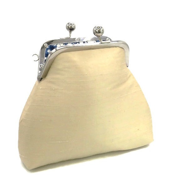 Silk dupion clutch bag in various colours with silver metal strap or pearl or crystal handle, handmade clutch bag