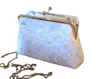 Blue Corded Lace Clutch, Pearl Beaded Wedding Handbag, Handmade in Scotland