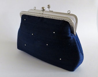 Dupion silk clutch bag in various colours with silver metal strap or pearl or crystal handle, handmade clutch bag