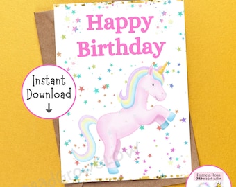 Biglietto d'auguri per bambini - Biglietto d'auguri stampabile, buon compleanno, unicorno, 5x7