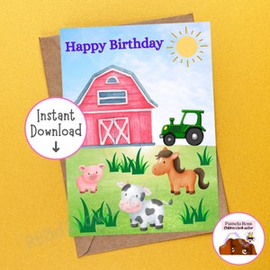 Carte d'anniversaire pour enfants - imprimable, joyeux anniversaire, basse-cour, animaux de la ferme, carte de voeux 5 x 7, garçon, fille