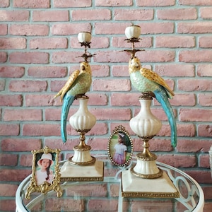 Antique Colorful Bird Candleholder Pair, Porcelain Brass CandleStick, Vintage Dining Table Decor, Bird Candle Stand Holder, Wedding Gift