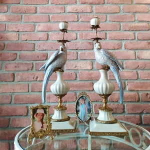 Antique Bird Candleholder Pair, Porcelain Carved Brass CandleStick, Vintage Dining Table Decoration, Bird Candle Stand Holder, Wedding Gift