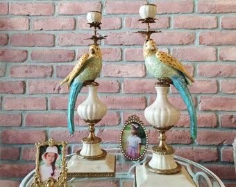 Antique Colorful Bird Candleholder Pair, Porcelain Brass CandleStick, Vintage Dining Table Decor, Bird Candle Stand Holder, Wedding Gift