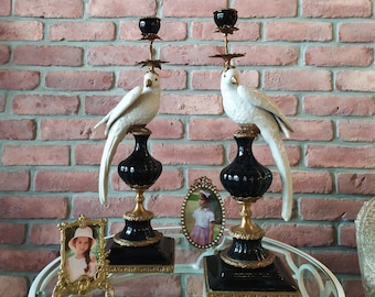 Antique Bird Candleholder Pair, Porcelain Carved Brass CandleStick, Vintage Dining Table Decoration, Bird Candle Stand Holder, Wedding Gift