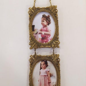 Vintage Double Wall Brass Picture Frame linked with chain, Antique Victorian Home Decor, Gallery Wall Art, Mother Gift, Baby Birthday Gift