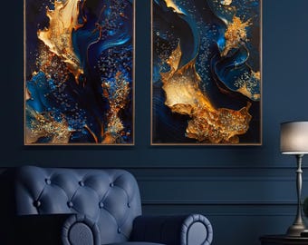 Díptico de arte abstracto de pared en 3D azul y dorado: decoración de lujo con textura para el hogar.