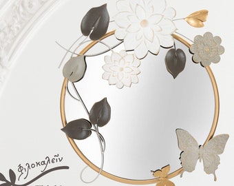 Floraler Metall-Wandspiegel mit Schmetterlingen: Runder Blumen-Wanddekor