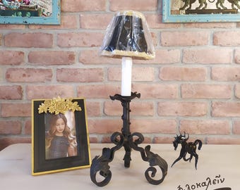 Antique Iron Table Lamp, Black Gold Fabric Shade, Art Nouveau Desk Lamp